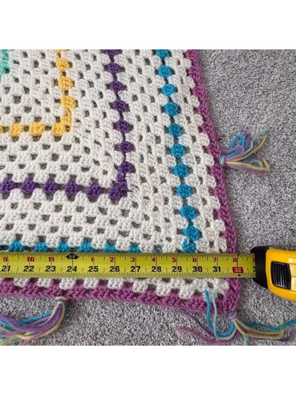 Handmade Crocheted Blanket Multi colored Tassels 32 x 30 Inches